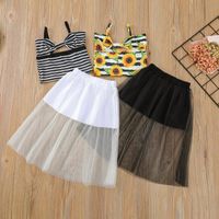 Wholesale 2Pieces Kids Casual Set Baby Girl Striped Sunflower Print Sleeveless T shirt Solid Color Skirt For Summer White Black Clothing Sets
