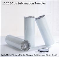 Wholesale Sublimation Straight Tumbler oz Blank Skinny Tumblers Stainless Steel Vacuum Insulated Car Mug with METAL Straw Bursh and Rubber Bottom