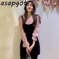 Wholesale Korean Chic Stand Collar Heavy Lace Crochet Flare Sleeve Shirts Pink Blouse Slim Black Spaghetti Strap Dress Sexy Fashion Retro