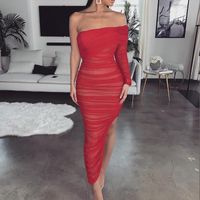 Wholesale Women Sexy Skinny Off Shoulder Side Slit Dress Single One Ruched Draped Mesh Sheer Stretch Club Long Casual Dresses