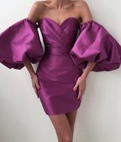 Wholesale Casual Dresses Women Sexy Black Red Purple Puff Off The Shoulder Party Dress Elegant Celebrity Satin Prom Cocktail Bodycon