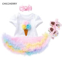 Wholesale Clothing Sets Ice Cream Born Baby Girl Clothes Summer Lace Tutu Dress Headband Crib Shoe Infant Vetement Fille Roupa Infantil