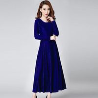 Wholesale Casual Dresses Spring Autumn Women s Long sleeved O neck Long Section Of A Large Swing Gold Velvet Plus Size XL Dress QH1389