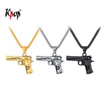 Wholesale Pendant Necklaces Kpop Gun Necklace Rock Punk Jewelry Stainless Steel Gold Black Color M9 Pistol Handgun Skull For Men P3248