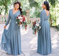 Wholesale Country Style Dusty Grey Boho Bridesmaid Dresses Party Wedding Guest Dress V Neck Long Sleeves Chiffon