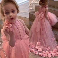 Wholesale Lovely Tulle Pink Flower Girl Dresses for Weddings High Neck Sleeves Sweep Train D Floral Applique Communion Dress Girls Pageant Gowns