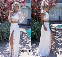 Wholesale Two Pieces Casual Beach Wedding Dresses Summer Design Front High Split Long Sleeves Lace Top Chiffon Bridal Gowns Custom Size A Line