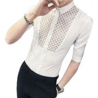 Wholesale Sexy Summer Lace See Through Social Club Party Shirt Men Slim Fit Wedding Prom Transparent Chemise Homme Men s Dress Shirts