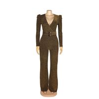 Wholesale Women s Jumpsuits Rompers Stretch Nylon Gold Thread African Jumpsuit Sexy Fashion V neck With Waist Belt Micro pants Elegant Intellectual