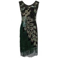 Wholesale Plus Size Women s Flapper Dress Vintage V Neck Sleeveless Peacock Embroidery Great Gatsby Sequin Fringe Party