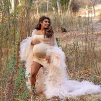 Wholesale Pretty See Through Tulle Ruffles Maternity Women Dresses Sexy Illusion Robes To Po Shoot Pregnancy Dress NO Bodysuit Casual