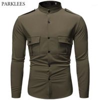 Wholesale Men s Stand Collar Epaulette Pocket Decoration Tooling Wind Shirt Casual Long Sleeve Dress Shirt Slim Men Clothing1