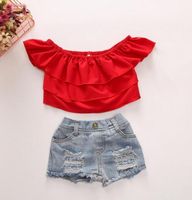 Wholesale 2021 Baby Girls Clothing Sets Children s Ruffled one shoulder tube top and ripped denim shorts Kids Clothes