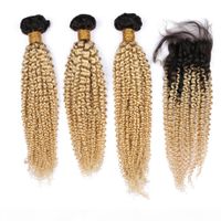 Wholesale B Blonde Ombre Malaysian Human Hair Kinky Curly Weave Bundles with Closure Blonde Ombre Virgin Hair Wefts with x4 Lace Top Closure