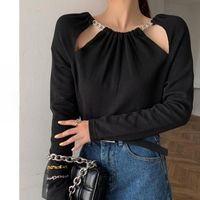 Wholesale Women s T Shirt Sexy Long Sleeve Black Harajuku Spring Chain Hollow Korean Slim Navel Top Goth Clothes