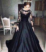 Wholesale Black Evening Dress Long Sleeve A Line O Neck Satin Sweep Train Lace Appliques Button Women Elegant Party Prom Gowns