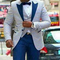 Wholesale Slim Fit Groomsmen One Button Groom Tuxedos Blue Lapel Men Suits Wedding Best Man Pieces Jacket Pants Vest Tie C825