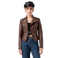 Wholesale 2021 New Spring And Autumn Black Light Cherry Pink Solid Color Short Jacket Slim Thin Leather Ladies Motorcycle Clothingfree ship