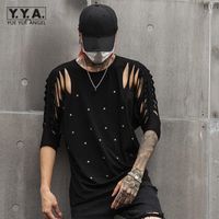 Wholesale Men s T Shirts Gothic Mens Fashion Summer Slim Fit Hollow Out Bat Sleeves O Neck Tops Streetwear Personality Runway Male Black Tees1