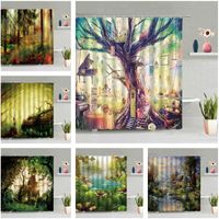 Wholesale Shower Curtains Oil Painting Green Plant Tree Curtain Forest Wooden House Scenic Bathroom Wall Hanging Waterproof Home Decor Set