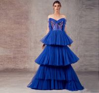 Wholesale Party Dresses Exquisite Royal Blue Strapless Sweetheart Multi layer Cake Dress Puffy Tulle Applique Engagement Custom Made Prom Gown