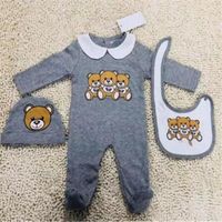 Wholesale Designer Cute Newborn Baby Clothes Set Infant Baby Boys Printing bear Romper Baby Girl Jumpsuit Bibs Cap Outfits Set Month
