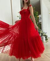 Wholesale Red Polka Dots Tulle Cocktail A Line Evening Dress Spaghetti Straps Tied Bow Shoulder Tea Length Party Graduation Prom Dress