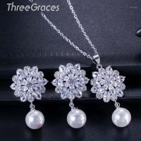 Wholesale Earrings Necklace ThreeGraces Winter White Snowflake Imitation Pearl Pendant Set For Women Fashion CZ Zirconia Jewelry Gift S207