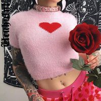 Wholesale Women s T Shirt Ucuhulnl Sweet Pink Heart Shape Pattern Sweater Furry Short Sleeve Pullovers Women Spring Autumn Casual O Neck Cropped
