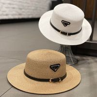 Wholesale Web celebrity same style flat top straw hat for women spring and summer sunshade cap British fashion sunscreen show face small leather belt hats