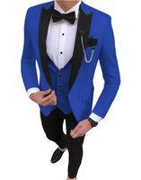 Wholesale 2020 Royal Blue Men Suit Piece Slim Fit Casual Black Lapel Groomsmen Tuxedos Men Suits for Wedding Jacket Vest Pants X0608