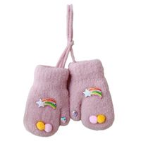 Wholesale Pink Toddler Baby Kids Winter Knitted Gloves Cartoon Rainbow Star Pompom Decor Thick Plush Lined Mittens Hand Warmer With Hanging Five Fing
