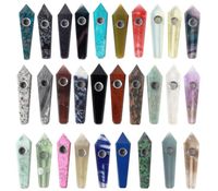 Wholesale Natural Stone Fluorite Quartz Crystal Pipe Styles Smoking Cigarette Tobacco Hand Filter Pipes With Metal Bowl Mesh Tool Accessories