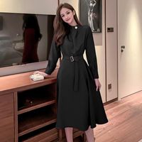 Wholesale Casual Dresses Winter Autumn Runway Dress Big Swing Solid Vintage Women Long Sleeve Stand Corset Office Work Plus Size