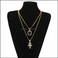 Wholesale Necklaces Pendants Mens Egyptian Ankh Key Of Life Necklace Set Bling Iced Out Cross Mini Gemstone Pendant Gold Sier Chain For Women Hip Ho