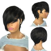 Wholesale The Short Cut Wavy Bob Pixie Wig Non Lace Front Remy Brazilian Human Hair Wigs With Bangs For Black Women Full Machine Made