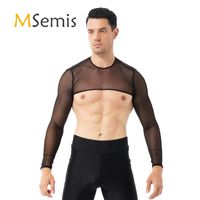 Wholesale Men s T Shirts Mens Sexy See through Mesh Tops Tees Long Sleeve Round Neck Cropped T shirt Gym Stage Show Muscle Crop Top For Pole Dancing