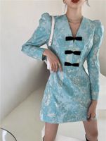 Wholesale 2021 new design women s autumn winter puff long sleeve bow patchwork jacquard weave short dress plus size SML