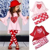 Wholesale Kids Toddler Girl Ruffle Bell Sleeve Pullover Blouse and Tights Piece Romper Outifts Sequins Heart Hearts Printing Pants Leggings Jumpsuit Valentine s Day GW2F8UR