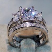 Wholesale New Couple Rings Luxury Jewelry Sterling Silver Three Stone Princess Cut CZ Diamond Topaz Women Ring