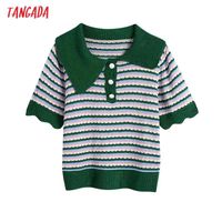 Wholesale Women Summer Green Striped Knitted Sweater Jumper Beading Button Female Pullovers Chic Tops BE584