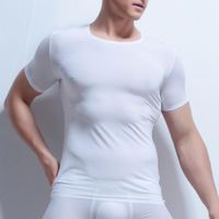 Wholesale Tight Men Sexy Slim Tops T shirts Compression Tee Fitness O neck Solid Short Sleeve Ice Silk t Shirt Superthin Sleep Undershirt1