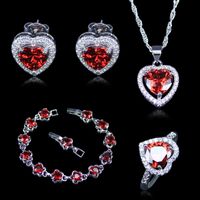 Wholesale Arrival Heart Red Created Garnet White Zircon Silver Color Jewelry Sets For Women Bracelets Pendant Earrings Rings