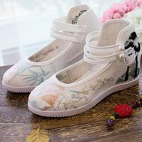 Wholesale Dress Shoes Spring Autumn China Style Height Increasing Wedges Heels Pearl Buckle Shallow Embroider Canvas Women Casual Pumps