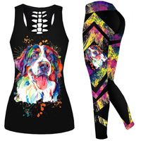 Wholesale Retro Animal Print Sportswear Dog Printing Yoga Outfit Hollow Breathable Vest Soft Elastic Leggings