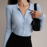 Wholesale Women s Sweaters Women Lapel Slim Slimming Tops Ladies Hollow Buttons Sexy V Neck Long Sleeve Knit Cardigan Sweater