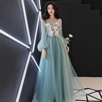 Wholesale Casual Dresses Long Sleeve Embroidery Mesh Dress Luxurious Elegant Green Vestidos Gowns Sexy Party Fluffy Pink Black XS XL