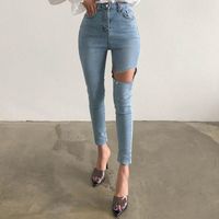 Wholesale Streetwear Hole Ripped Pencil Jeans Women Jeggings Cool Denim High Waist Pants Capris Female Elastic Casual Skinny Women s