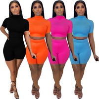 Wholesale Summer women outfits solid tracksuits pullover short sleeve T shirt shorts two piece set casual black sportswear sweatsuits jogging suits