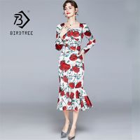 Wholesale Spring Women Square Collar Satin Bodycon Long Sleeve Rose Flower Printed Workwear Ruched Mermaid Party Midi Dresses D12101X